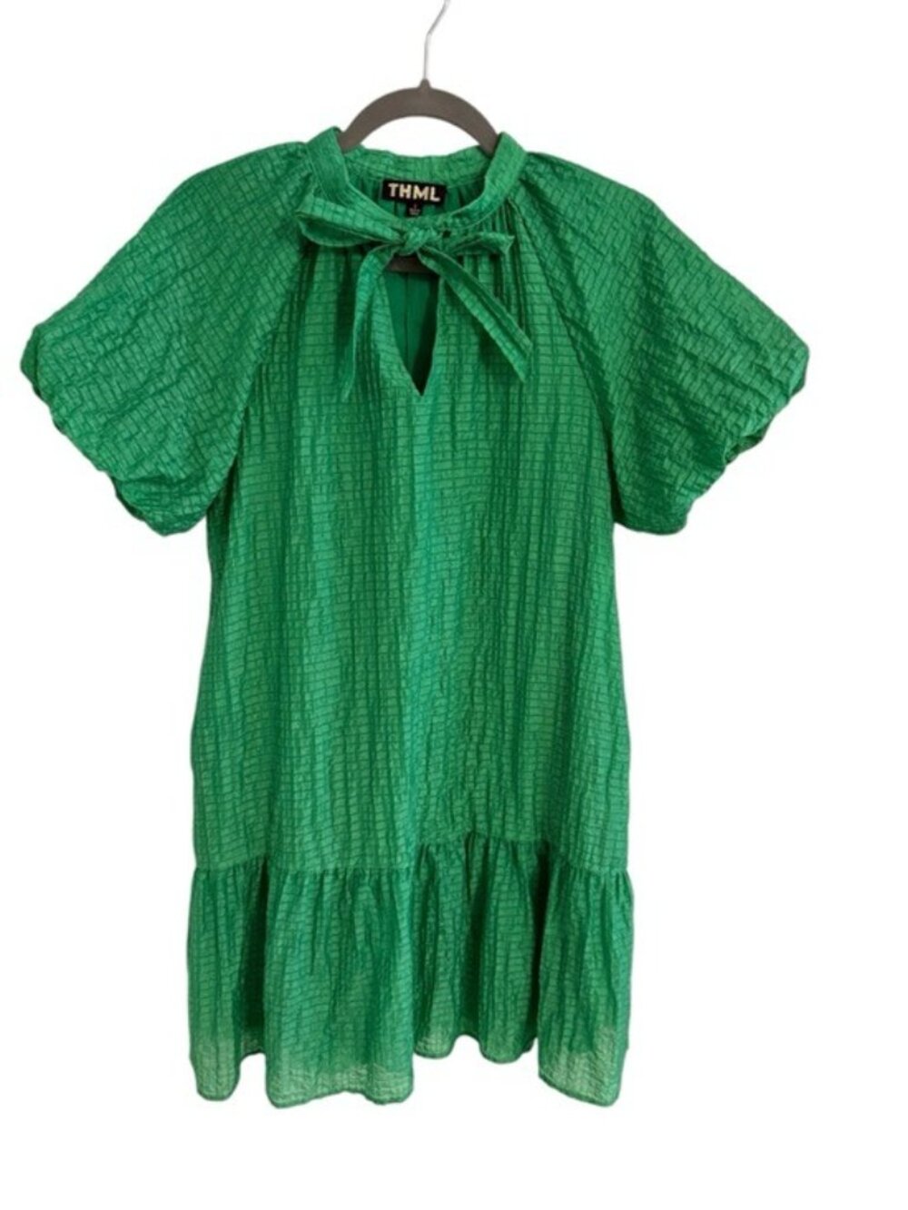 THML Green Textured Mini Dress Small Tie Neck Puff Sleeve Tier Boho Cottagecore - Picture 3 of 12